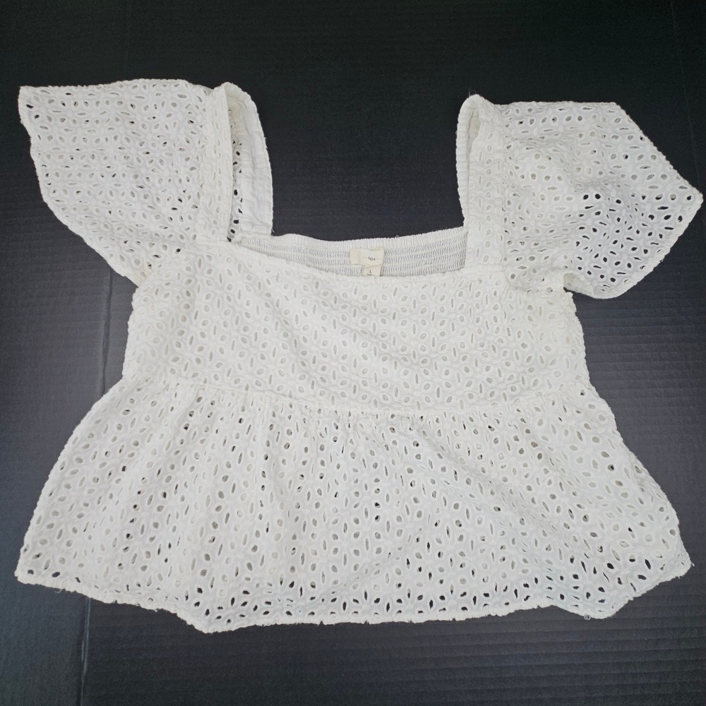 TGLA White Eyelet Cotton Peplum Top Square Neck Coquette Cottagecore Boho Large